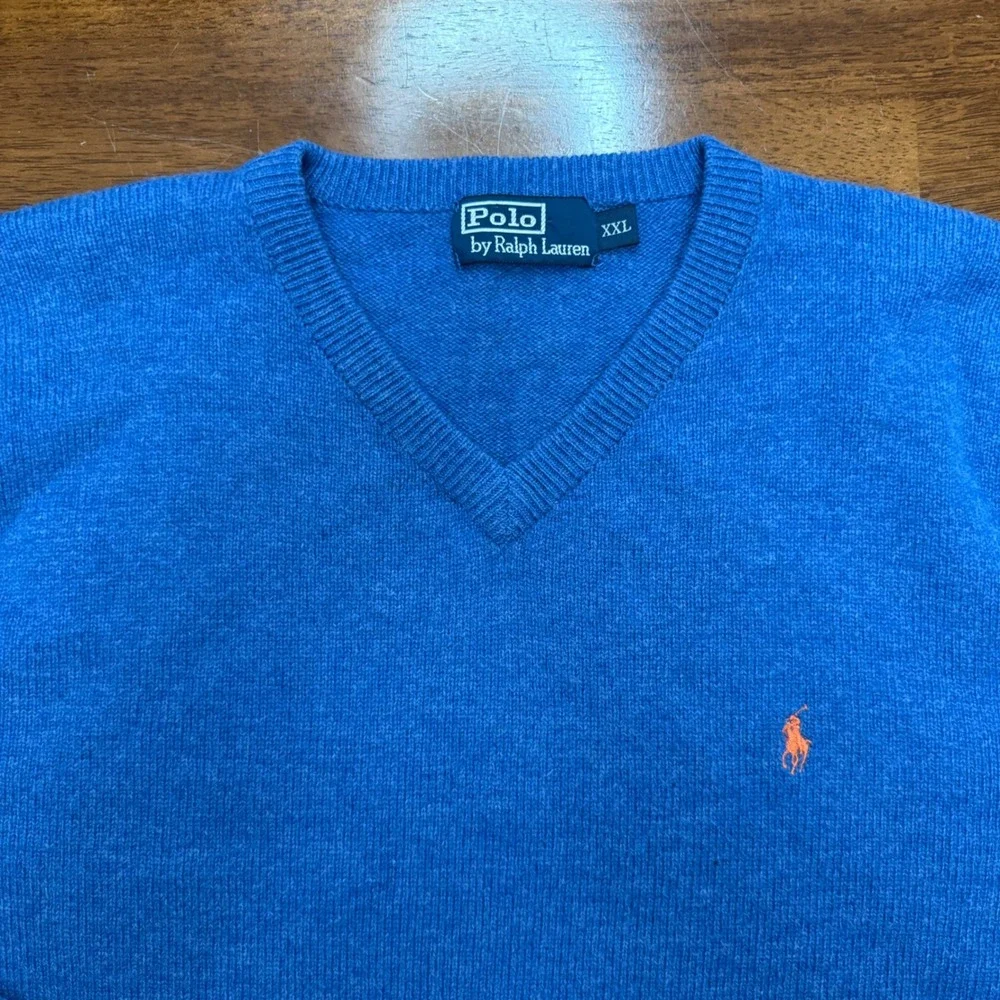 Vtg Polo Ralph Lauren Sweater Mens XXL Blue 100% Lambswool V-Neck Orange Pony